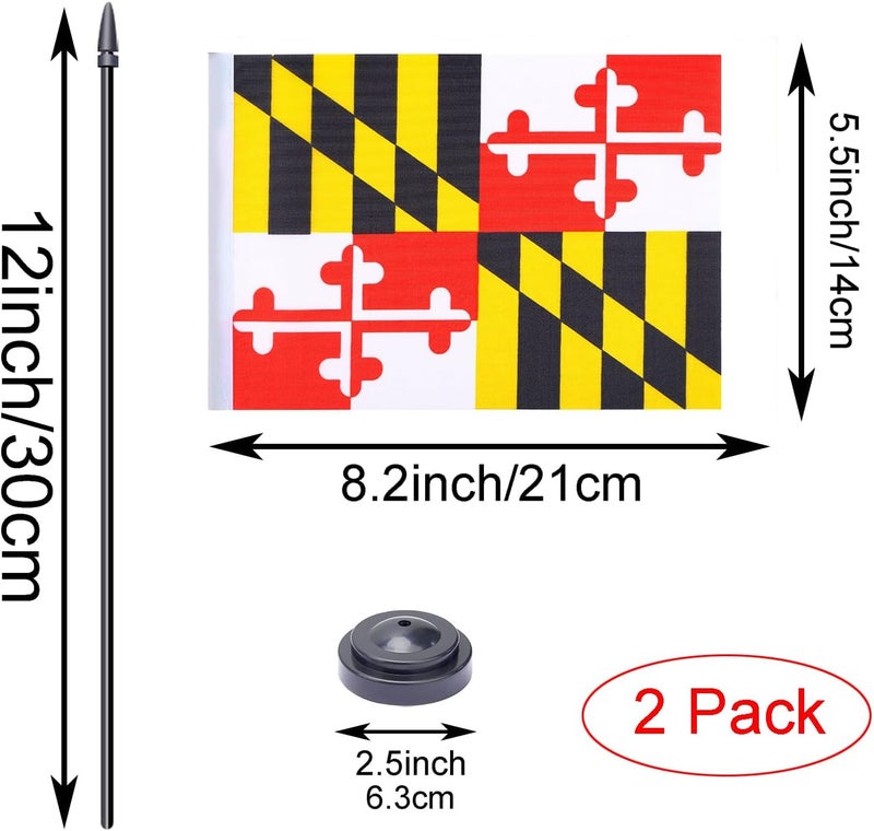 WXTWK 2 Pack USA Maryland Flag Maryland State Desk Flag Set - Mini Small Maryland Table Office Flags with Black 12" Solid Pole Stand Base Classroom Meeting Desktop Decorations - Image 2